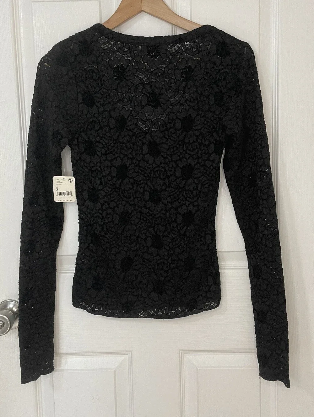 Free People NWT Black Lace Long-Sleeve Scoop Neck Top Size S